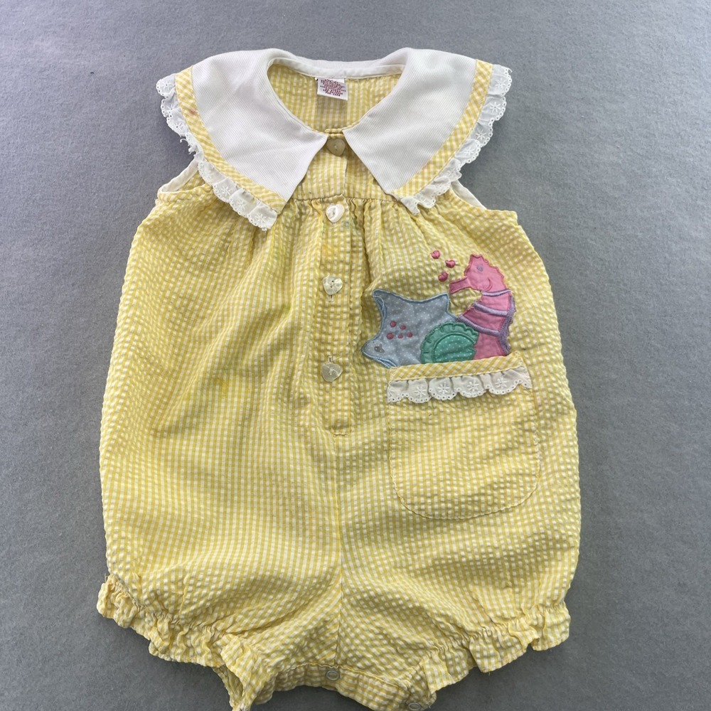 Copper Key Gingham Seersucker Peter Pan Collar Romper Girls 2T Seahorse Shells